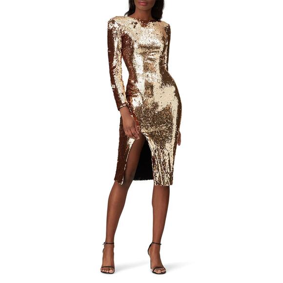 Dress the Population Natalie Gold Sequined Long Sleeve Sheath Dress Size Small - Picture 1 of 8